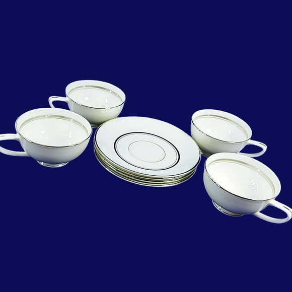 Cup Saucer Set Imperial Fukagawa Porcelain China Silver Trim 4 Cups 4 Saucers - Picture 3 of 11